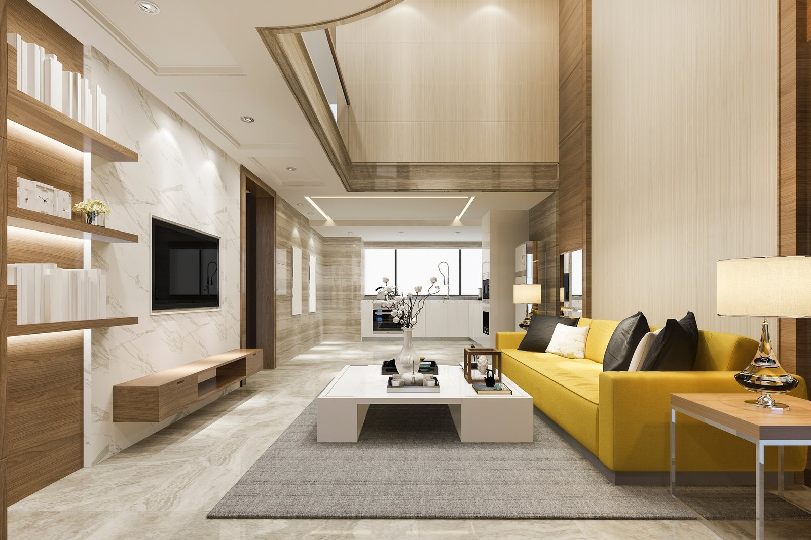 3d rendering modern dining room and yellow living room with luxury decor high ceiling